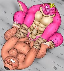 2009 anal anal_sex anthro balls barazoku bodily_fluids bound closed_eyes crocodile crocodilian crocodine crocodylid dildo double_dildo dragon_quest dragon_quest_dai_no_daibouken dragon_quest_viii duo edit erection feet genitals hairy human kemono male male/male mammal muscular muscular_male overweight overweight_human overweight_male penetration penis pink_body reptile scalie sex_toy small_penis square_enix sweat uhokue uncensored video_games yangus yaoi