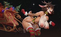 anthro big_breasts bonifasko christmas deer furry gloves lana_(bonifasko) legwear original piercing reindeer stockings tongue_out