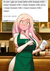 1girls alternate_version_available apron apron_only big_breasts blush breasts cup earring embarrassed green_apron green_eyes holding_object iced_latte_with_breast_milk meme naked_apron original pantsudesu pink_hair red_face saki_(pantsudesu) solo solo_female text tweet