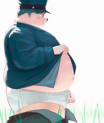 2020 anthro ass belly big_belly black_nose blush bodily_fluids canid canine canis clothing domestic_dog edit eyewear flaccid fur genital_fluids genitals glasses hat headgear headwear hi_res humanoid_genitalia humanoid_hands humanoid_penis kemono male mammal outside overweight overweight_anthro overweight_male peeing penis shirt solo sv_grart sweat topwear uncensored underwear urine white_body white_fur