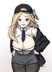 1girls backwards_baseball_cap bandana baseball_cap bent_forward black_legwear blonde_hair blush breasts cleavage collared_shirt cowboy_shot female female_only front_view half-closed_eyes hand_on_hip hat headband huge_breasts human jacket johwa kim_miru legwear long_hair lookism mary_kim_(lookism) miniskirt necktie necktie_between_breasts off_shoulder pantyhose shirt simple_background skirt smile solo standing thick_thighs webtoon white_background