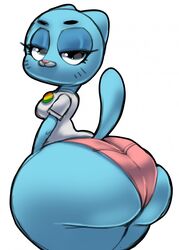 1girls anthro ass bedroom_eyes blue_fur bottom_heavy cartoon_network cat_tail feline feline_humanoid female female_only green_eyes hyper hyper_ass large_ass looking_at_viewer looking_back looking_back_at_viewer lustful_gaze milf mother nicole_watterson no_pants panties parumpi shirt solo the_amazing_world_of_gumball thick_thighs thighs white_background