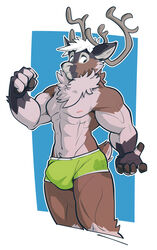 abs anthro antlers biceps briefs brown_fur bulge clothed ducky_(artist) furry male mnty_(character) muscles muscular muscular_male neck_tuft pecs reindeer smile solo topless underwear white_hair