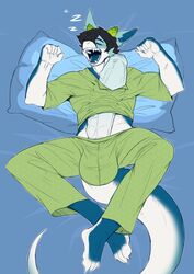 absurd_res anthro balls bed big_balls big_penis blueakhek bulge clothed clothing crimsonrabbit erection erection_under_clothing erection_under_shirt fish furniture genitals hi_res huge_cock humanoid_genitalia humanoid_penis hyper hyper_erection_under_clothes hyper_erection_under_shirt hyper_genitalia hyper_penis long_penis lying male male_only marine pajamas penis pillow plantigrade shark sleeping solo thick_tail