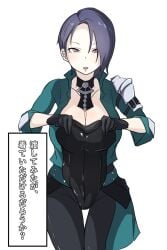 1girls blue_hair breasts bunnysuit choker cleavage female_only fire_emblem fire_emblem:_three_houses gloves inaiti_ina jacket japanese_text large_breasts looking_at_viewer nintendo open_mouth pants purple_eyes shamir_nevrand short_hair smile solo text translation_request white_background