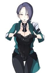 1girls blue_hair breasts bunnysuit choker cleavage female_only fire_emblem fire_emblem:_three_houses gloves inaiti_ina jacket large_breasts looking_at_viewer nintendo open_mouth pants purple_eyes shamir_nevrand short_hair smile solo textless