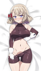 absurdres azur_lane bangs bare_shoulders bed_sheet bike_shorts bike_shorts_pull black_gloves blonde_hair blue_eyes blush bodystocking bow breasts closed_mouth covered_collarbone cowboy_shot cross crossed_bangs elbow_gloves eyebrows_behind_hair female furrowed_brow gloves gluteal_fold groin hair_between_eyes hair_ornament hairbow highres iron_cross large_breasts lifted_by_self looking_at_viewer lying macaroni_(dontakadx) medium_hair navel on_back pulled_by_self shadow sidelocks skindentation sleeveless solo stomach striped striped_bow taut_clothes thigh_gap wavy_mouth white_gloves z23_(azur_lane)