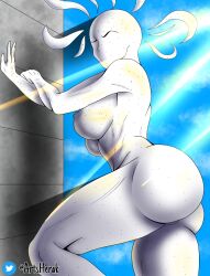 1girls big_ass big_breasts cloud day faceless_female female herak light_skin lux_aura monster_legends simple_background sky sunlight white_body white_hair