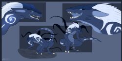 back_tentacles black_tentacles blue_body blue_eyes blue_fur blue_tongue broken_chain chains claws crouching dragon fur fur_markings furred_dragon giru_(artist) glowing glowing_eyes hair hybrid leg_cuff leg_restraint long_tongue male male_only markings model_sheet phylos_(giru) shadow_dragon solo tentacle tongue tongue_out white_body white_fur white_hair