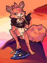 abstract_background anthro armor bandit_hermit_(gunfire_reborn) bottomless canid canine clothed clothing countershading female flat_chested fox genitals gloves gunfire_reborn handwear hat headgear headwear helmet hi_res mammal midriff one_eye_closed orange_body pussy scarf smile solo wink