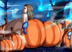 1girls aurora_(creatorrp) female huge_ass huge_breasts hyper_breasts night_sky nude nude_female okioppai original_character painted painted_ass prize_ribbon pumpkin smug smug_face smug_grin