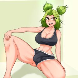 1futa big_breasts big_penis breasts brown_eyes bulge cleavage clothed clothing eyebrows_visible_through_hair fully_clothed futa_only futanari green_hair gym_clothes gym_shorts human league_of_legends light-skinned_futanari light_skin pale_skin penis penis_under_clothes riot_games simple_background solo spread_legs sunk118 thick_thighs zeri_(league_of_legends)