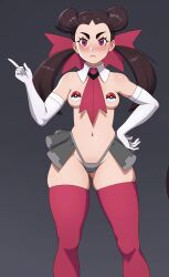 1girls bare_shoulders belly_button blush breasts brown_hair elbow_gloves female female_focus female_only gloves hair_ribbon hi_res necktie nintendo pasties pink_eyes poke_ball_pasties pokemon pokemon_rse rizdraws roxanne_(pokemon) skirt small_breasts solo source_request thick_thighs thighhighs thighs twintails year_request