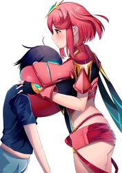 1boy 1girls blush breasts breasts_bigger_than_head gigantic_breasts head_in_cleavage huge_breasts hyper_breasts large_breasts lucky_bastard mklucas39 pyra pyra_(xenoblade) smothering tagme white_background xenoblade_(series) xenoblade_chronicles_2