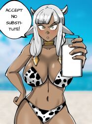 1girls alternate_costume angry ash_(fire_emblem) bangs bare_shoulders bare_thighs beach bikini bottle breasts cow_girl cow_print cow_print_bikini dark-skinned_female dark_skin english_text female_only fire_emblem fire_emblem_heroes frown grey_hair lactation large_breasts looking_at_viewer medium_hair milk mnejing nintendo ocean pointy_ears solo swimsuit text thighs yellow_eyes