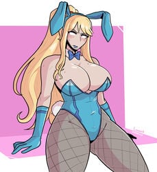 alternate_costume beauty_mark bimbo blonde_hair blue_eyes blue_leotard blue_lipstick bunny_costume bunny_ears bunny_girl bunny_tail bunnysuit costume embarrassed female female_focus female_only gloves leotard loggus_doggus long_hair metroid nintendo ponytail samus_aran shiny_clothes shiny_gloves solo solo_female solo_focus spread_legs