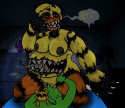 anonymous bed blush breasts chick duo female five_nights_at_freddy's five_nights_at_freddy's_4 fredbear fredbear_(fnaf) fredbear_plush furniture genitals girl_on_top male meta nightmare_chica nightmare_chica_(fnaf) oil plush pov pussy repairfag scottgames sex size_difference straight tongue video_games