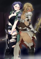 2girls anew anewenfartist arrow_(projectile) ass back back_view bare_back bare_thighs big_ass blonde_hair blue_eyes bow_(weapon) breasts catherine_(fire_emblem) dark-skinned_female dark_skin embarrassed exposed_breasts female female_only fire_emblem fire_emblem:_three_houses humiliation medium_breasts medium_hair multiple_girls nintendo nipples orange_panties panties pants ponytail purple_eyes purple_panties quiver shamir_nevrand short_hair small_breasts sword textless thighs thunderbrand_(fire_emblem) torn_clothes weapon