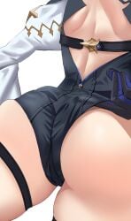 absurdres ass ass_focus backless_outfit bellone eula_(genshin_impact) female from_behind genshin_impact gloves highres leotard long_sleeves lower_body puffy_long_sleeves puffy_sleeves shoulder_blades solo thick_thighs thigh_strap thighs