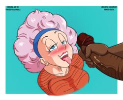 afro alternate_version_available black_penis blue_eyes bulma_(afro) bulma_briefs clothing color dark-skinned_male dark_skin dragon_ball dragon_ball_z funsexydragonball hairband half-closed_eyes imminent_facial interracial large_penis light-skinned_female masturbation open_mouth prince_vegeta purple_hair shounen_jump smiling thick_penis tongue tongue_out veiny_penis