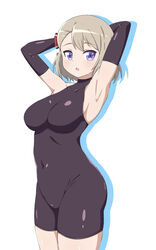 :o absurdres armpits arms_behind_head arms_up azur_lane bangs bare_shoulders black_gloves blue_eyes blush bodystocking bow breasts brown_hair colored_shadow covered_collarbone covered_navel cowboy_shot drop_shadow elbow_gloves eyebrows_visible_through_hair female gloves groin hair_between_eyes hairbow highres large_breasts looking_at_viewer macaroni_(dontakadx) shadow short_hair sidelocks simple_background skin_tight skindentation solo standing striped striped_bow white_background z23_(azur_lane)