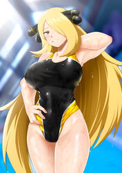 1girls alternate_breast_size alternate_costume aru_(pixiv51061317) black_swimsuit blonde_hair breasts covered_nipples cynthia_(pokemon) female_only grey_eyes grin hair_over_one_eye large_breasts long_hair looking_at_viewer one-piece_swimsuit pokemon pokemon_dppt smile solo swimsuit very_long_hair wet