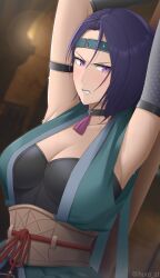 1girls alternate_costume angry armpits arms_up blue_hair bondage breasts captured choker cleavage clenched_teeth female_only femsub fire_emblem fire_emblem:_three_houses fire_emblem_heroes furo_atsushi glaring homomomomon large_breasts looking_at_viewer ninja nintendo official_alternate_costume purple_eyes shamir_nevrand shamir_nevrand_(ninja) short_hair solo sweat