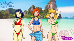 3girls ben_10 bikini black_hair blonde_hair blue_bikini blue_eyes blue_towel crossover female_only freckles g-string ginger_hair green_bikini green_eyes gwen_tennyson hands_behind_head inspector_gadget island jackie_chan_adventures jade_chan light-skinned_female looking_at_viewer multiple_girls orange_eyes orange_hair pale-skinned_female penny_gadget postcard red_bikini samson_00 shiny_skin straight_hair thong towel_around_waist tropical_vacation twintails winking_at_viewer wish_you_were_here