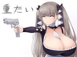 1girls 2021 ^_^ absurd_res azur_lane between_breasts bow breast_grab cleavage closed_eyes clothed clothing dress eyebrows_visible_through_hair fake_smile female female_only formidable_(azur_lane) frills gintokyhenry gothic_lolita grey_hair gun hair_ribbon handgun highres holding_gun holding_weapon huge_breasts japanese_text lolita_fashion long_hair long_twintails necktie necktie_between_breasts pistol ribbon sig_sauer simple_background smile solo text tied_hair translated twintails very_long_hair weapon white_background