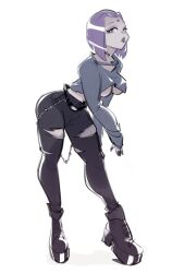 1girls black_pants breasts choker clothed crop_top dc dc_comics female forehead_jewel goth goth_girl grey_skin leaning_forward long_legs medium_breasts no_bra platform_boots purple_eyes purple_hair purple_lipstick rachel_roth raven_(dc) shibakunnsfw short_hair standing straight_hair teen_titans torn_jeans torn_pants underboob