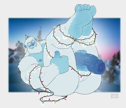 2021 5_toes anthro ass balls barazoku biceps big_butt big_penis blue_body blue_skin bondage bonicfan123 bound christmas christmas_light_bondage christmas_lights feet flufflecraft foreskin fur genitals gesture glistening glistening_genitalia glistening_penis hand_on_penis hi_res holidays huge_cock humanoid_feet humanoid_genitalia humanoid_penis male male_only muscular muscular_anthro muscular_male nipples pecs penis soles solo thick_penis thick_thighs thumbs_up toes white_body white_fur yeti