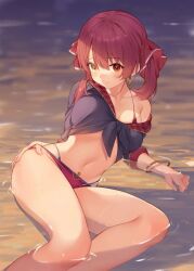 1girls bangs bare_midriff bare_shoulder bikini blush blushing cute different_eye_color earrings female female_only hair_ribbon hana_mori hand_in_swimsuit hand_on_ass heterochromia hololive hololive_fantasy hololive_japan houshou_marine jacket_tied_up laying_in_water navel pink_hair red_eyes slight_smile smile smiling solo thighs twintails virtual_youtuber yellow_eyes