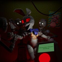 3d bowtie bunny_costume bunny_ears clothing_damage five_nights_at_freddy's five_nights_at_freddy's:_security_breach fnaf furry g0g0g0g0g0g glamrock_chica_(fnaf) glamrock_chica_(luiske476) glowing_eyes held_down luiske476 perky_breasts red_eyes scottgames staff_bot_(security_breach) staffbot steel_wool_studios struggling vanny_(fnaf)