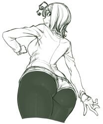 antennae ass breasts female from_behind from_below green_theme large_breasts looking_back monochrome pantyhose shirt short_hair short_shorts shorts simple_background sketch solo spacezin sweatdrop thighs touhou white_background wriggle_nightbug