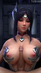 1boy 1girls 3d areola big_breasts black_hair blue_eyes breasts facing_viewer female handsfree_paizuri irelia_xan large_breasts large_penis league_of_legends looking_at_viewer male medium_breasts naixxier naked outercourse paizuri penis pov self_upload tagme