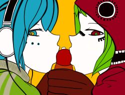 1boy 2girls anthro aqua_hair blowjob blue_eyes collaborative_fellatio cum cum_on_penis double_blowjob double_fellatio fellatio females females_focus gloves green_hair gumi hatsune_miku headphones hoodie kissing kissing_penis looking_at_viewer makeup matryoshka_(vocaloid) megpoid_gumi mv_character pov red_eyes sex straight straight_sex sucking vocaloid white_skin