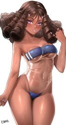 1girls 2022 artist_signature belly_button blush breasts brown_hair brown_skin curly_hair dark-skinned_female dark_skin enmanuelart20 female female_only gris_swimsuit hairclip hand_in_hair hips large_breasts looking_at_viewer medium_hair original original_character painted_nails purple_eyes see-through see-through_clothing simple_background slim_waist swimsuit thick_thighs thighs tight_clothing tight_swimsuit white_background wide_hips