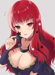 1girls black_cape breasts cape choker cleavage commentary_request facial_mark female female female_only fire_emblem fire_emblem_engage grey_background haru_(nakajou-28) highres large_breasts long_hair looking_at_viewer nintendo open_mouth pink_choker purple_eyes red_hair simple_background solo star_(symbol) upper_body yunaka_(fire_emblem)