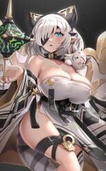 1girls cleavage clothed collar cygames dragalia_lost exposed_thighs eye_patch fudo_myo-o_(dragalia_lost) gonzarez huge_breasts looking_at_viewer nintendo tiger