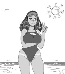 cartoon_network cleavage cleavage_cutout dark_skin haloluli huge_breasts long_hair mature_female milf monochrome mother peace_sign priyanka_maheswaran pubic_hair_peek pubic_stubble steven_universe straight_hair swimsuit tan_skin tanline