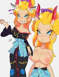 1girls beast_pirates black_maria blonde_hair blue_eyes edoartss edoartss female female_only giantess horns kimono kimono_down one_piece topless topless_female