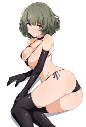 :o absurdres ass bikini black_bikini black_choker black_gloves black_legwear blue_eyes blush bob_cut breasts choker elbow_gloves feet_out_of_frame female female gloves green_eyes green_hair highres idolmaster idolmaster_cinderella_girls looking_at_viewer lying medium_breasts micro_bikini mole mole_under_eye on_side seihekiog shadow short_hair side-tie_bikini simple_background solo swimsuit takagaki_kaede thighhighs white_background