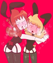 2girls battle_for_dream_island big_ass blocky_(bfdi) blush blushing bunny_costume bunny_tail color colored femboy human humanized leggings looking_at_viewer multiple_girls object_shows pinned playboy_outfit red_background rule_63 saliva_string tongue_kiss woody_(bfdi) yuri