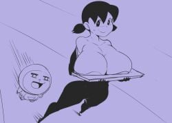 1girls ber00 big_breasts black_hair blush bodysuit doraemon doraemon_(character) embarrassed female glance holding_breast hourglass_figure huge_breasts line_art male shizuka_minamoto simple_background sweating twintails