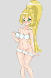 1girls blonde_hair blush cobra_bubbles_(artist) game_freak green_eyes grey_background lillie_(pokemon) nintendo pokemon pokemon_sm solo solo_female swimsuit tagme