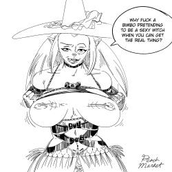 1girls areolae bouncing_breasts disney disney_channel eda_clawthorne english_text exposed_breasts female female_focus female_only haloluli huge_breasts humanoid long_hair looking_at_viewer mature_female nipples pointy_ears sketch smooth_skin speech_bubble the_owl_house witch_costume witch_hat