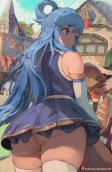 1girls 2022 aqua_(konosuba) artist_signature ass ass_focus ass_shot back back_view blue_clothing blue_eyes blue_hair bubble_butt dat_ass deity detached_sleeves female female_only goddess huge_ass kono_subarashii_sekai_ni_shukufuku_wo! long_hair megumin miraihikari no_panties outdoors png short_skirt skindentation skirt solo_female thick_thighs thighhighs thighs