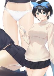 1girls big_breasts black_hair blue_eyes blush blushing bow cute female kanojo_okarishimasu looking_at_viewer mari_(doraerin0) panties sarashina_ruka skirt skirt_lift solo white_background white_panties