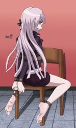 1girls arms_behind_back bangs bondage bound bound_ankles bound_wrists danganronpa danganronpa:_trigger_happy_havoc feet female female_only gag gagged grey_hair hands_behind_back kirigiri_kyouko light_skin long_hair looking_at_viewer looking_back purple_eyes purple_hair restrained shadow-xcp solo straight_hair tape_gag tied_to_chair tied_up