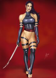 1girls arion69 barefoot betsy_braddock black_hair bottomless dripping_pussy dripping_wet elizabeth_braddock female female_only katana kwannon marvel marvel_comics psylocke shaved_pussy solo stirrup_legwear straight_hair sword wet_pussy x-men